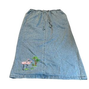 QUACKER FACTORY denim skirt with flamingos and palm trees